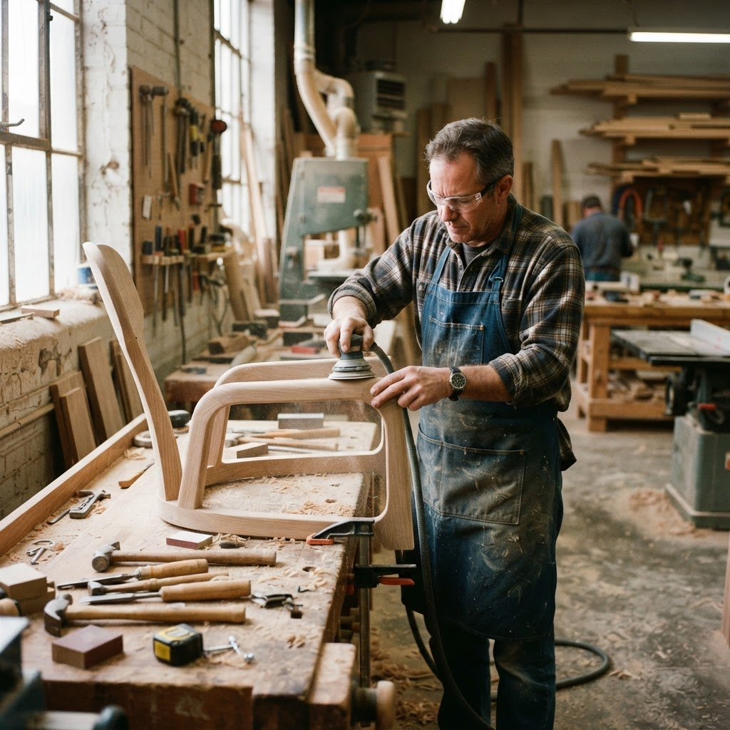Carpenter finishing a solid wood chair frame